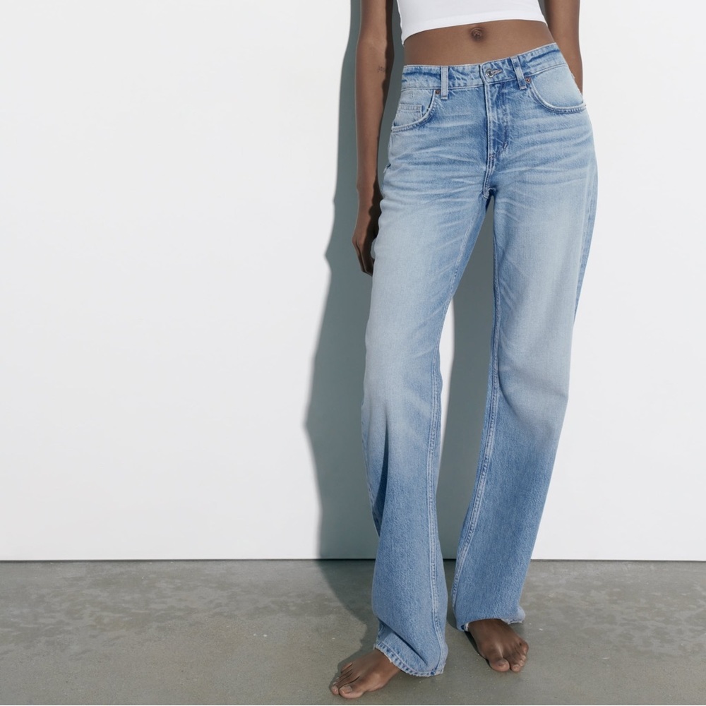 Zara TRF Wide-Leg Mid-Rise Full Length Jeans - Light Blue - size 0/32